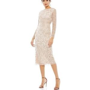 MAC DUGGAL Porcelain sheer long sleeve beaded tea length dress